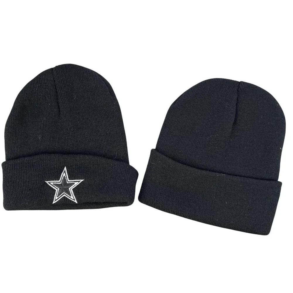 2 Mens Knit Caps 1 Star Embroidered 1 Solid Black Beanie Cuffed Winter Football